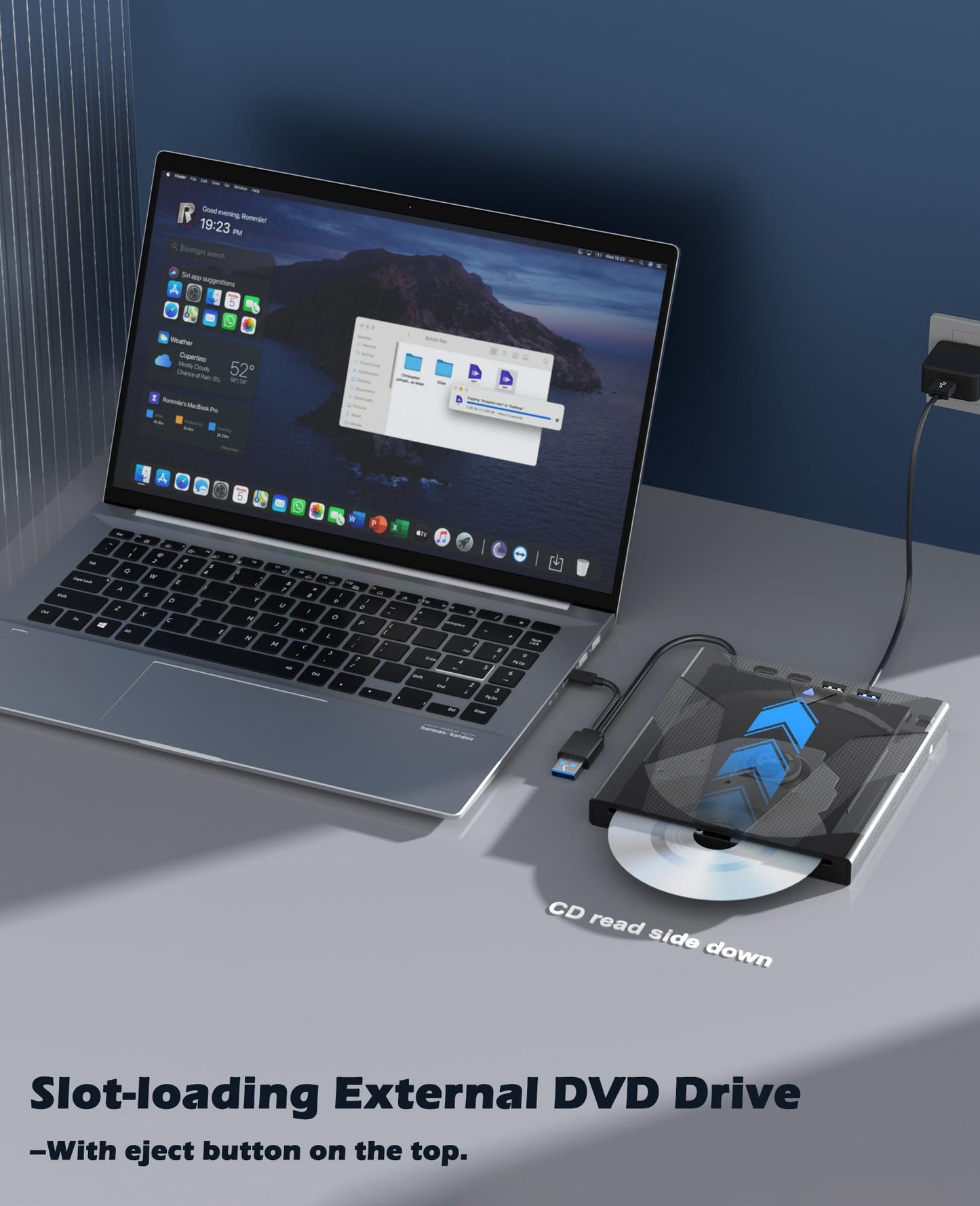 Wbacon 8 in 1 External CD/DVD Drive for Laptop, Slot-Loading CD Reader for Laptop, CDs Drive External USB DVD Drive Externals CD Burner Compatible