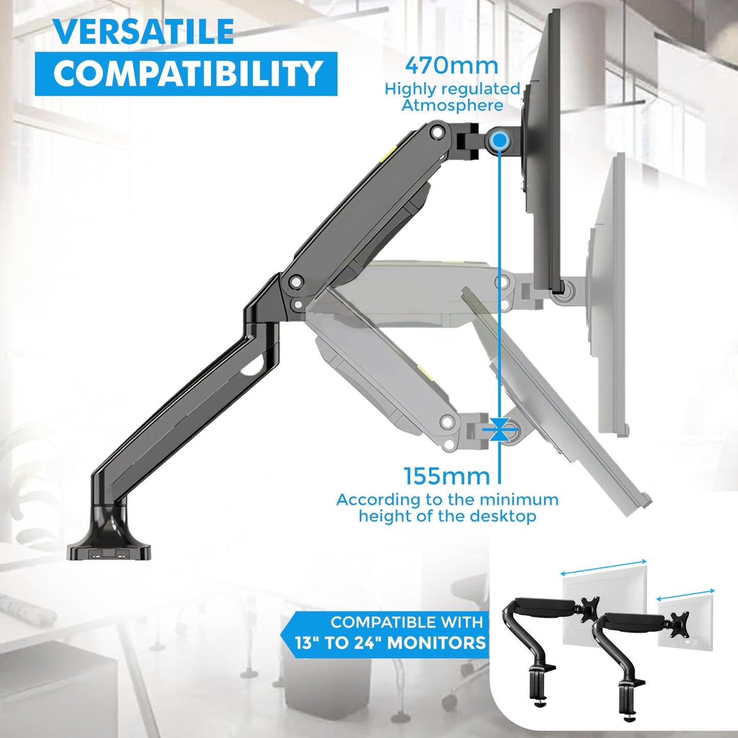 Josphere Monitor Arm, from 13 to 34 Inch Monitors, Fits Upto 22 lbs Screens with Adjustable Gas Spring Arm, Full Motion Monitor Mount for LCD Computer