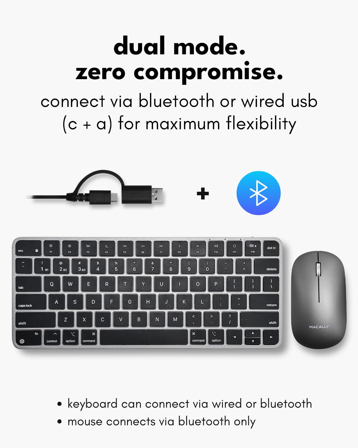 Macally Apple Wireless Keyboard and Mouse for Mac - Dual Mode (Bluetooth + Wired) - Multi-Device, Rechargeable - Mini Wireless Keyboard and Mouse