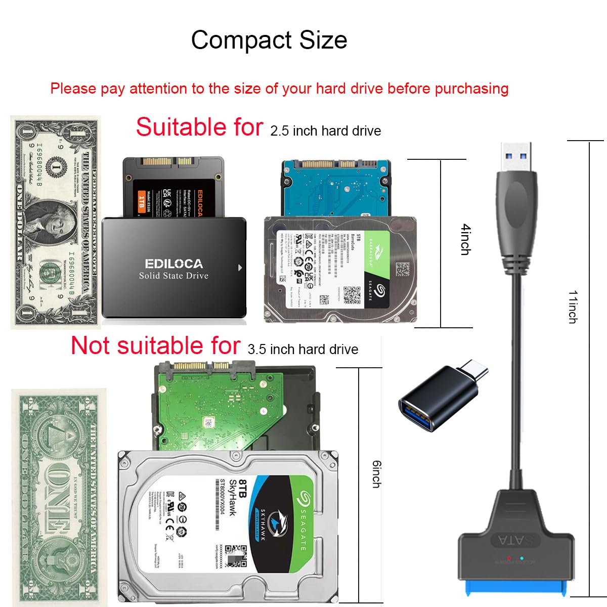 FRIGRAF High Speed SATA to USB 3.0 Cable, SATA to USB Adapter for 2.5”SSD & HDD,2in1 Sata Cable Type-C/Type-A (USB to 2.5 SSD HDD)