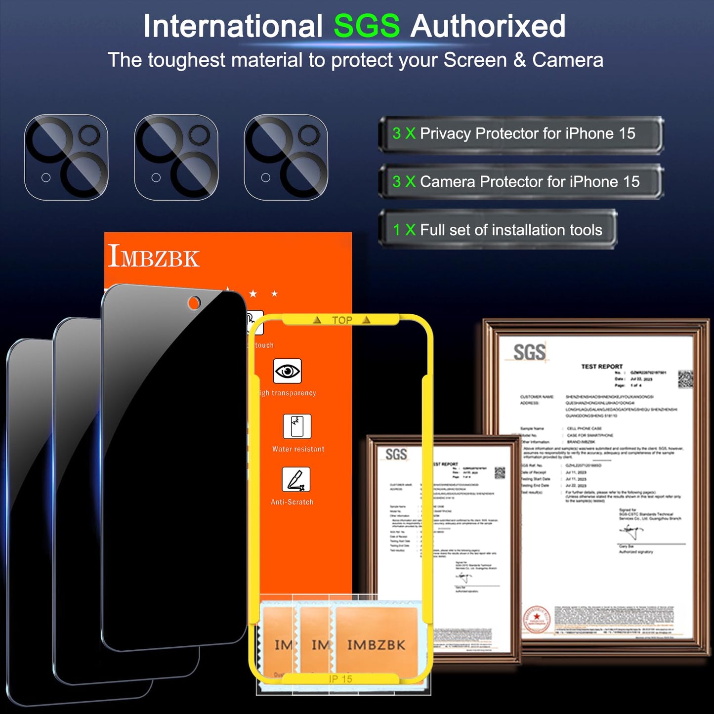 IMBZBK 3 Pack Privacy Screen Protector for iPhone 15,Tempered Glass