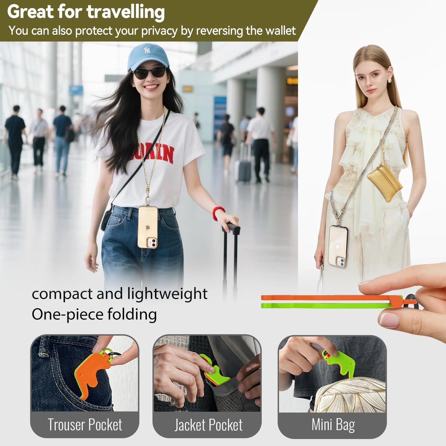 Clip and Go Strap for Phone Gold Metal Chain with Gold Purse Wallet Crossbody Phone Lanyard for Women with Cell Phone Stand Holder 2 Patches Tether