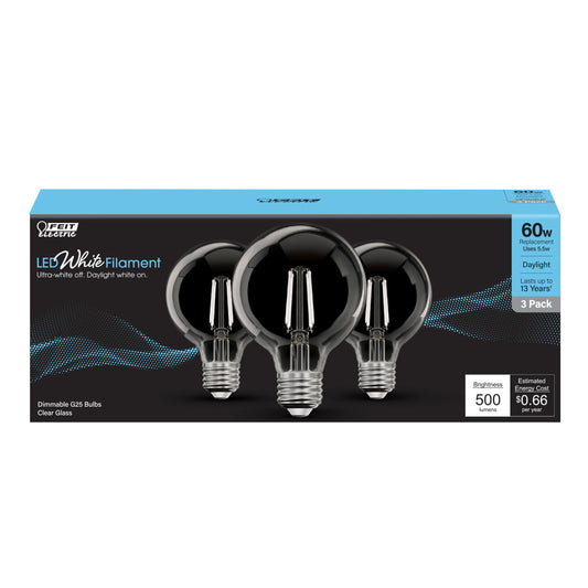 Feit Electric G25 White Filament LED Bulb, 60W Eq, Daylight, 3 Pack