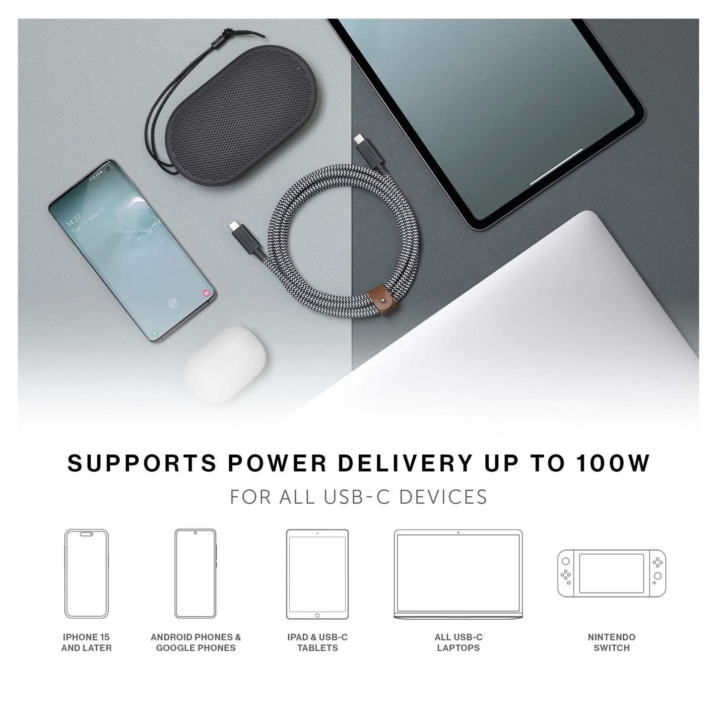Native Union Belt Cable XL Type-C 100W- USB-C to USB-C 10ft / 3m Ultra-Strong Charging Cable with Cable Strap - Compatible with iPhone Air, iPhone 17