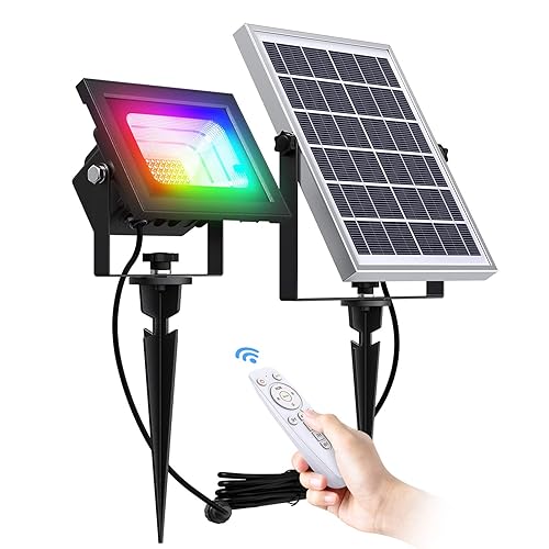 SunBonar RGB Solar Flood Lights Outdoor Solar Spotlight, 7 Singe Colors & Color Changing Spot Lights with Remote Control, 60LED IP65 Waterproof