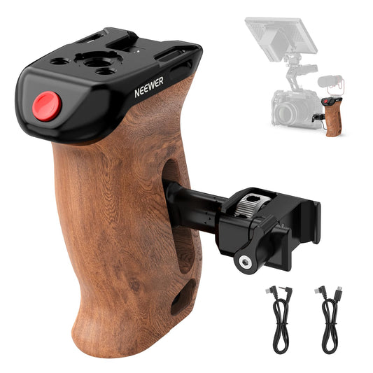 NEEWER Wooden Side Handle with Record Start/Stop Remote Trigger NATO Clamp 1/4" & 3/8" Threads Vertical Adjustment 22lb Load Compatible with SmallRig