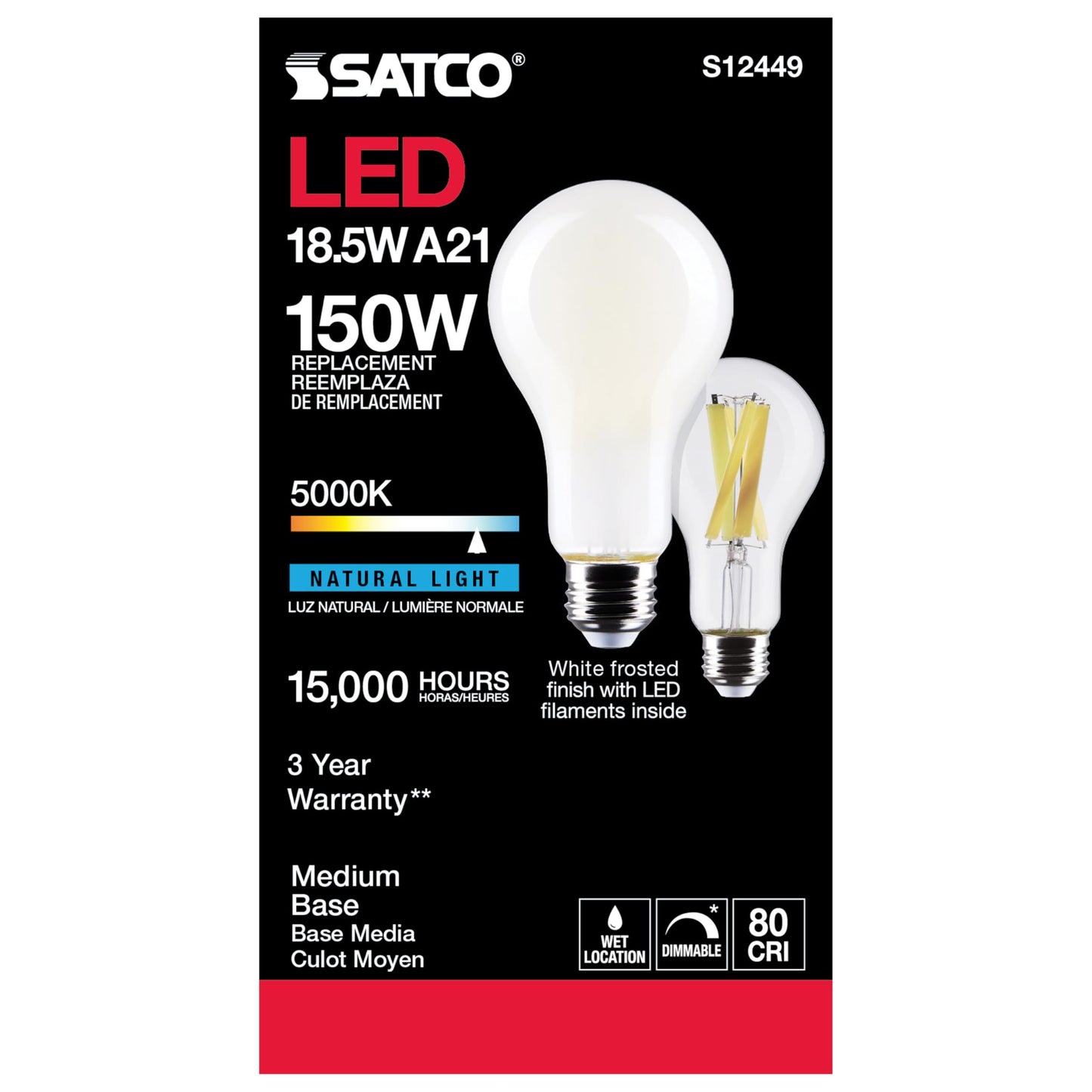 Satco S12449 LED High-Lumen A21 Filament Bulb, 150W Replacement, White, 18.5 Watts