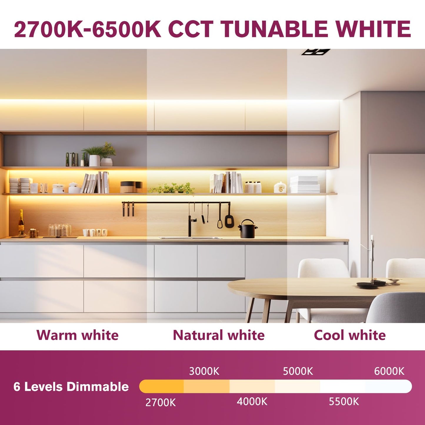 EMITEVER COB LED Strip Light Tunable White 2700K-6500K, Dimmable CCT 24V LED Tape Light Kit 16.4ft, High Density 3200LEDs CRI90+, for Kitchen Under
