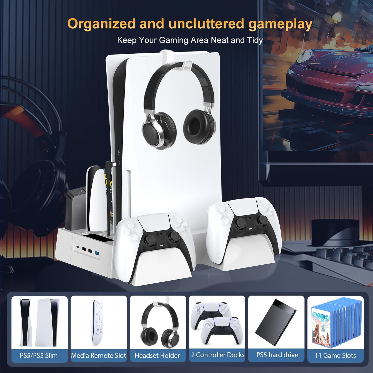 PS5/Slim Cooling Station for PS5 Disc&Digital, PS5 Cooling Stand with Dual Controller Charging for PlayStation 5 Console, Multi-Function PlayStation 5