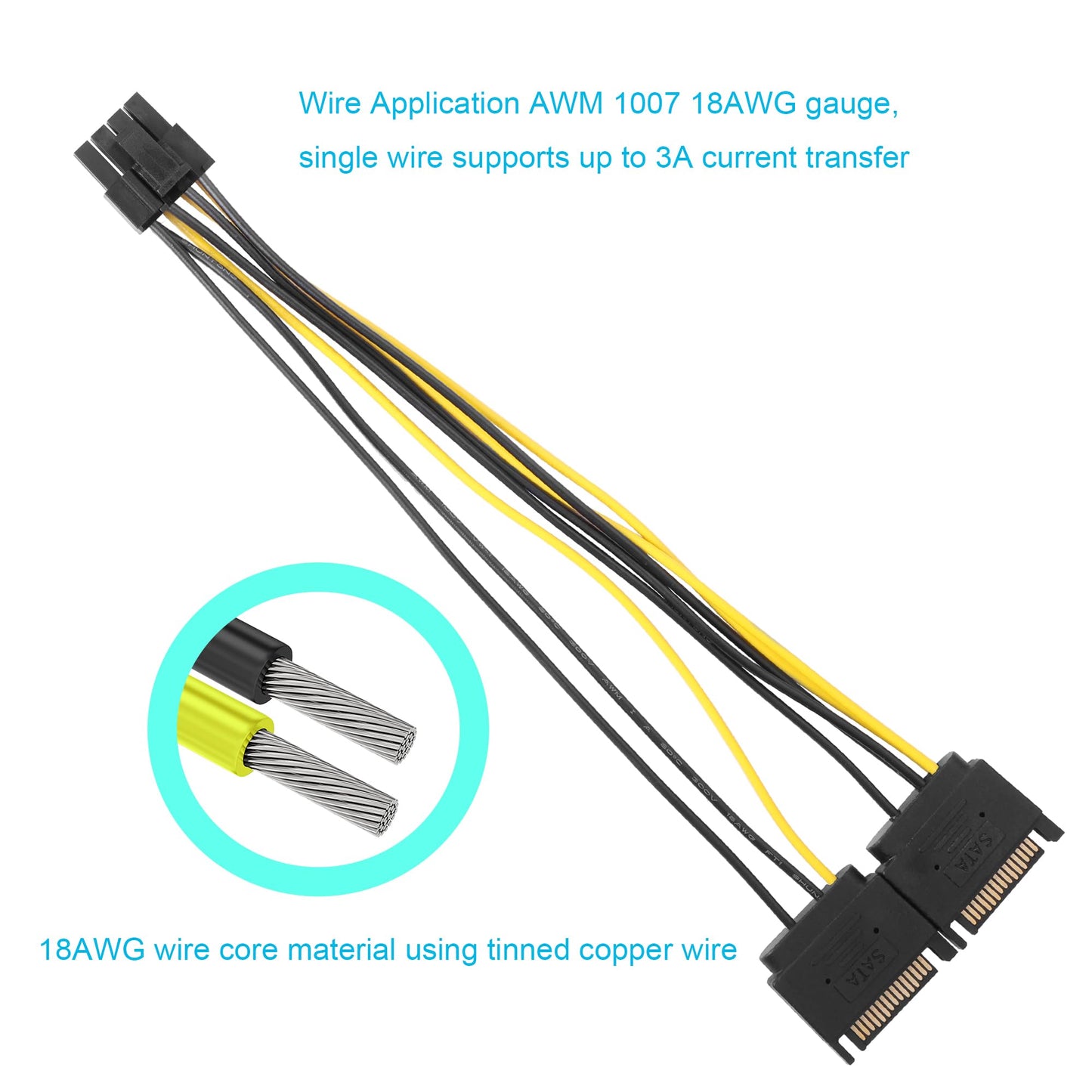ELFJMZP Dual SATA 15 PIN to ATX 8PIN(6+2) Adapter GPU Power Cable 8.7in/22.0cm(Pack of 2)