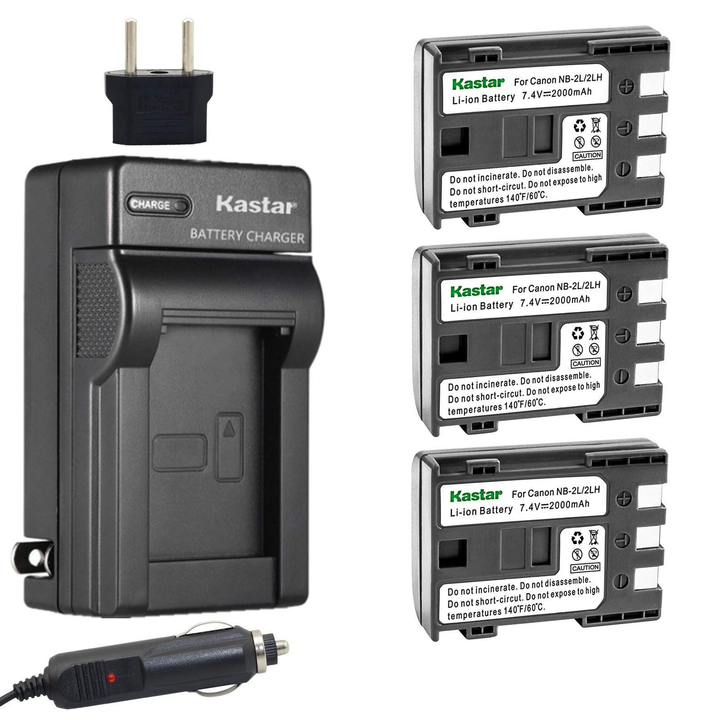 Kastar 3-Pack Battery and Charger Kit for Canon NB-2L, NB-2LH, Canon PowerShot G7, G9, S30, S40, S45, S50, S60, S70, S80, DC410, DC420, VIXIA HF R10
