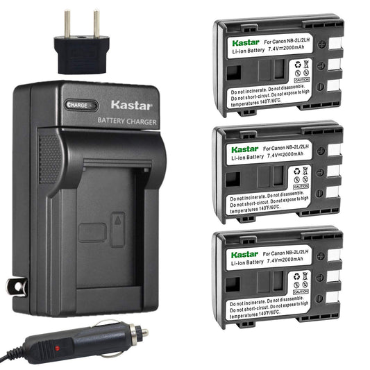 Kastar 3-Pack Battery and Charger Kit for Canon NB-2L, NB-2LH, Canon PowerShot G7, G9, S30, S40, S45, S50, S60, S70, S80, DC410, DC420, VIXIA HF R10