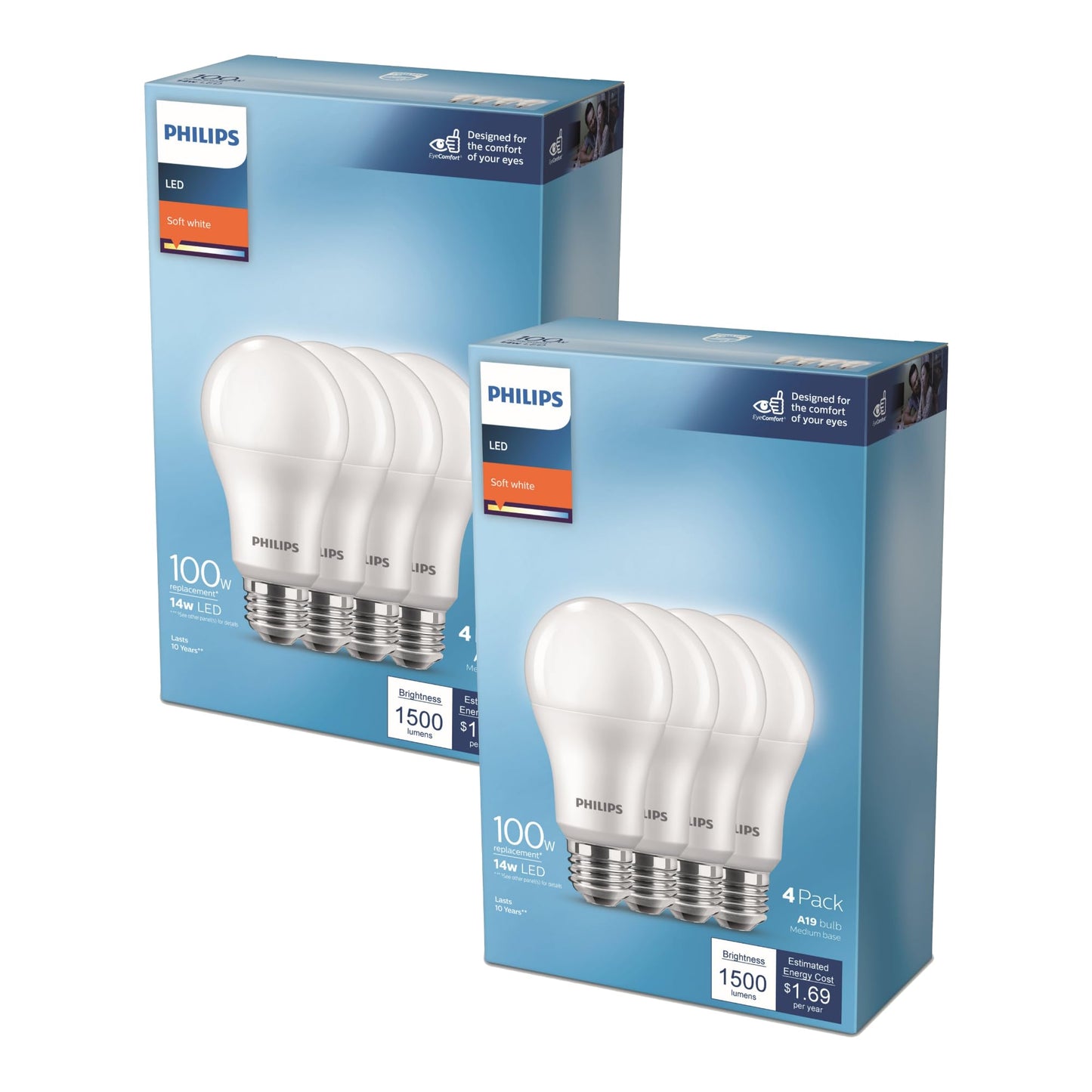 PHILIPS LED Frosted Non-Dimmable A19 Light Bulb - Pack of 8 - EyeComfort Flicker Free - 14W = 100W, 1500 Lumen - Soft White (2700K) - E26 Base