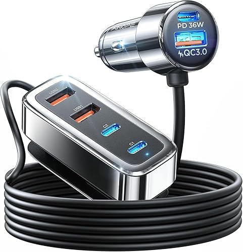 AINOPE 108W Multiple Ports Car Charger, Cigarette Lighter USB Charger, PD&QC Car Charger Adapter Fast Charging for iPhone 17 [+5FT Cable], 12V Road