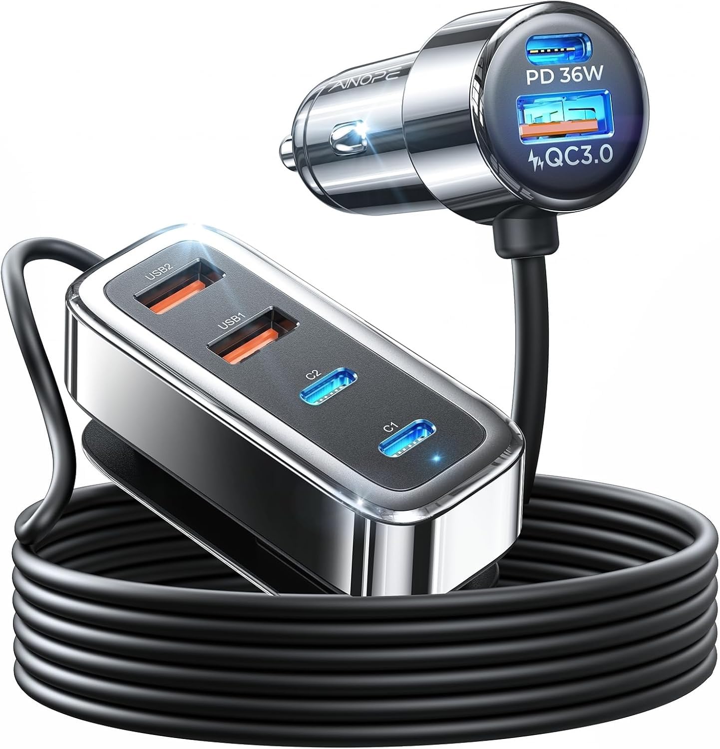 AINOPE 108W Multiple Ports Car Charger, Cigarette Lighter USB Charger, PD&QC Car Charger Adapter Fast Charging for iPhone 17 [+5FT Cable], 12V Road