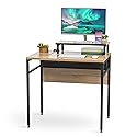 IRIS USA Computer Desk, 32" L x 22" W Slim Rustic Industrial Table with Monitor Stand, Matte Black Steel Frame, Heavy Duty Wooden Tabletop, Home