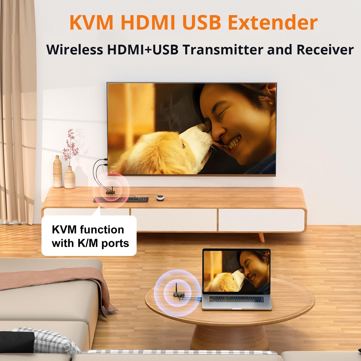 KCEVE HDMI KVM Wireless Transmitter and Receiver 200M/660FT, HDMI USB KVM Extender 1 PC 2 Monitors Share Keyboard and Mouse, Loop Out, 1080P@60Hz,with