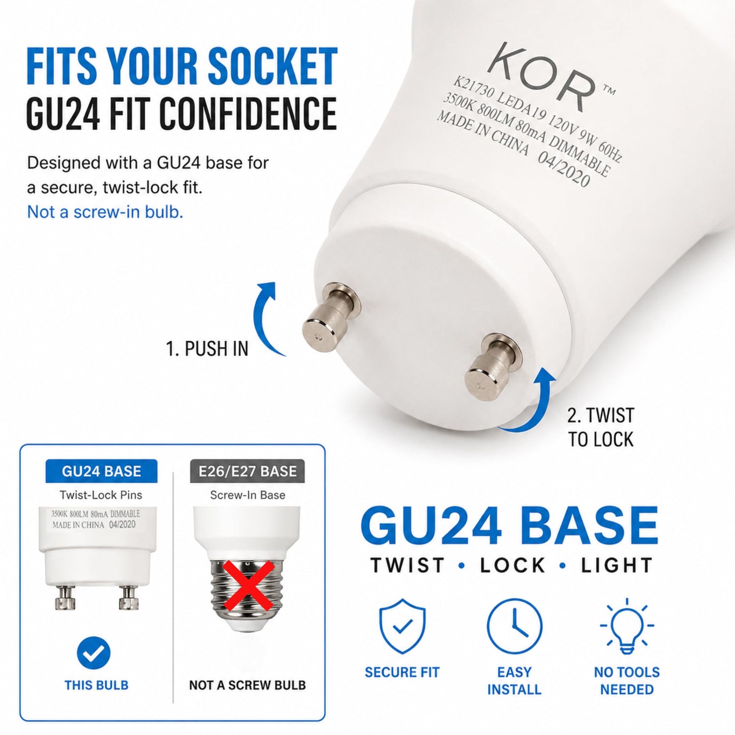 KOR GU24 A19 LED Light Bulbs, 3500K Natural White, Dimmable, 9W, 4-Pack