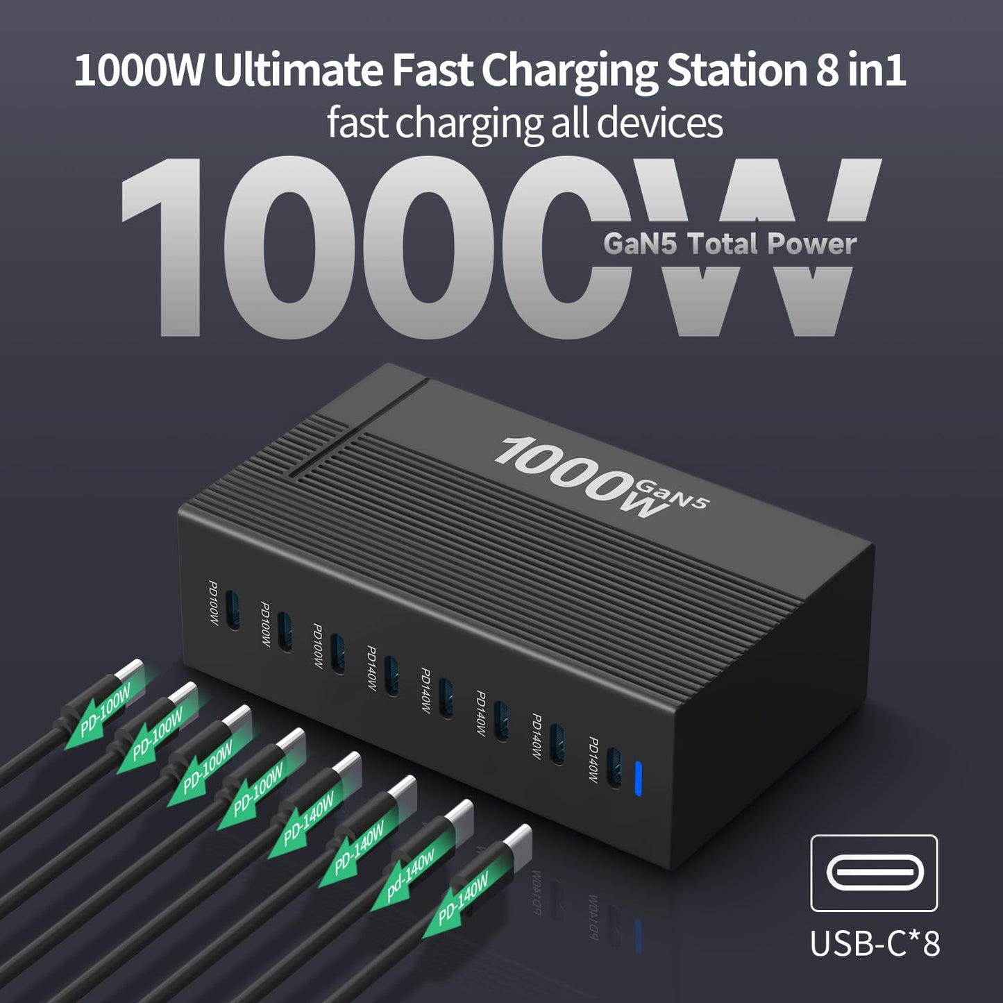1000W 8-Port GaN5 Desktop Charging Station, High-Power USB Charging Hub with 5X 140W and 3X 100W PD Ports, Fast Charger for Laptops, Tablets,
