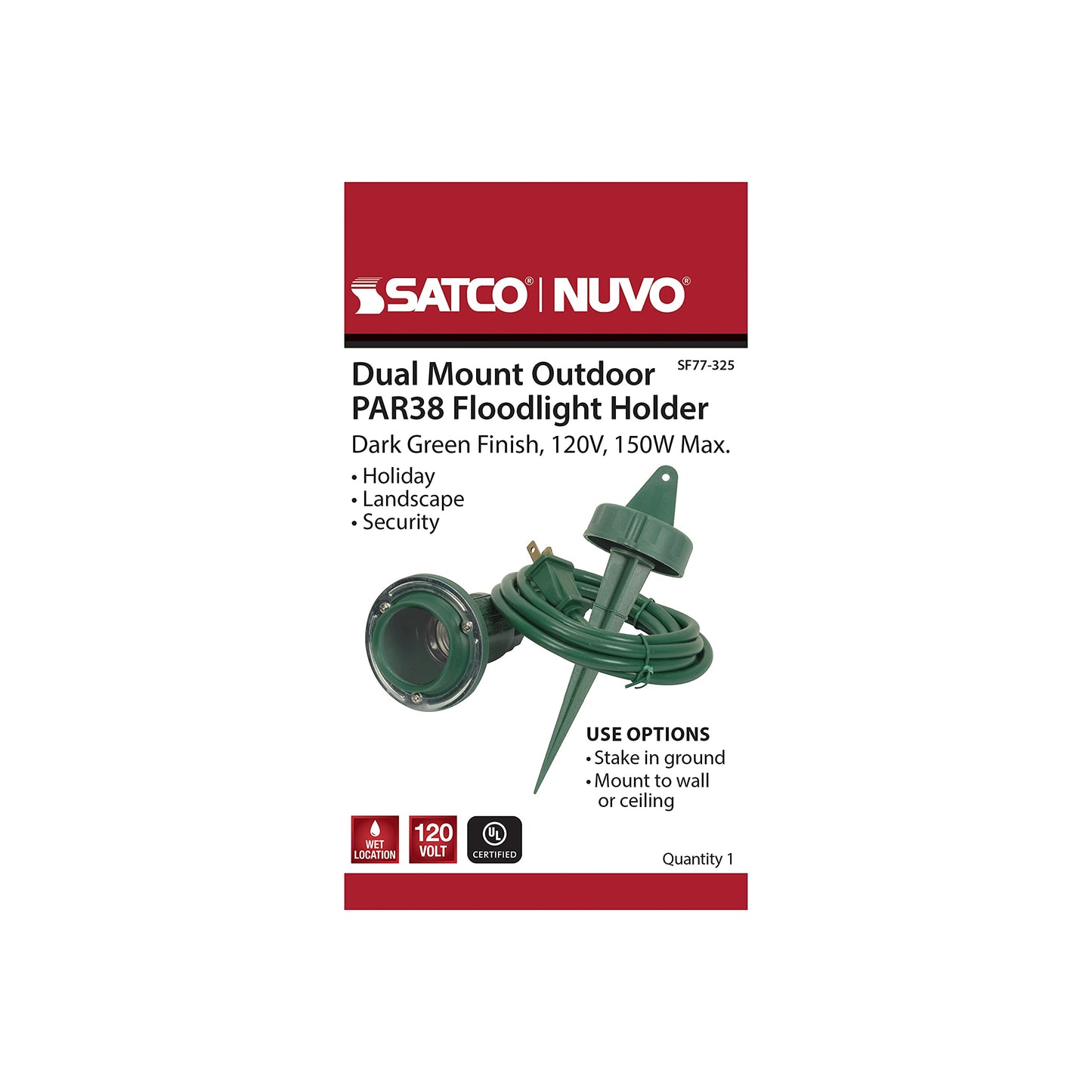 Satco SF77/325 Outdoor PAR38 Flood Light Holder with Round Plate for Dual Mounting and Ground Stake, Green