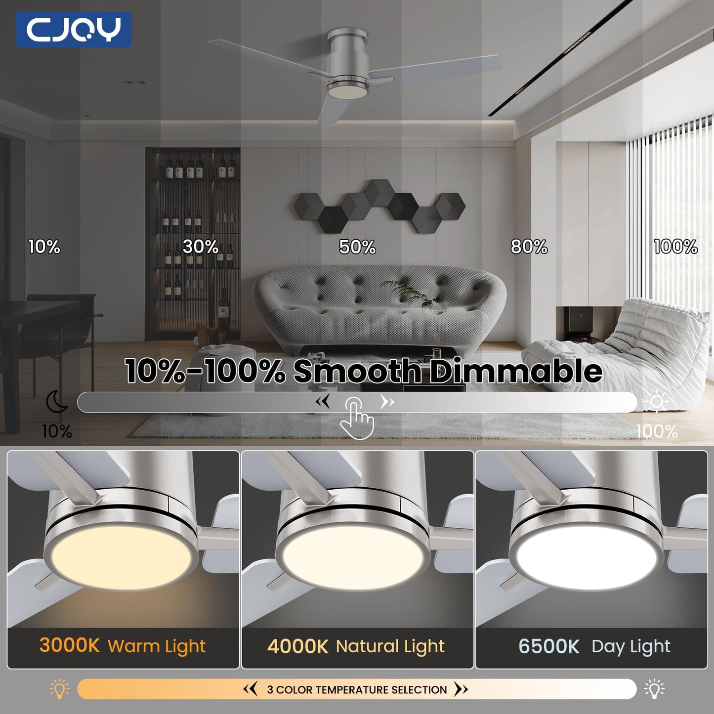 CJOY 48 Inch Brushed Nicke Ceiling Fan with Light, Remote, Reversible DC