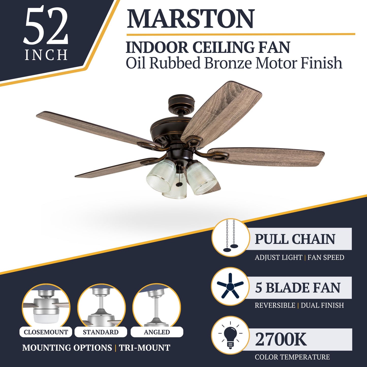 Prominence Home Marston, 52 Inch Traditional Indoor LED Ceiling Fan with Light, Pull Chain, Three Mounting Options, 5 Dual Finish Blades, Reversible