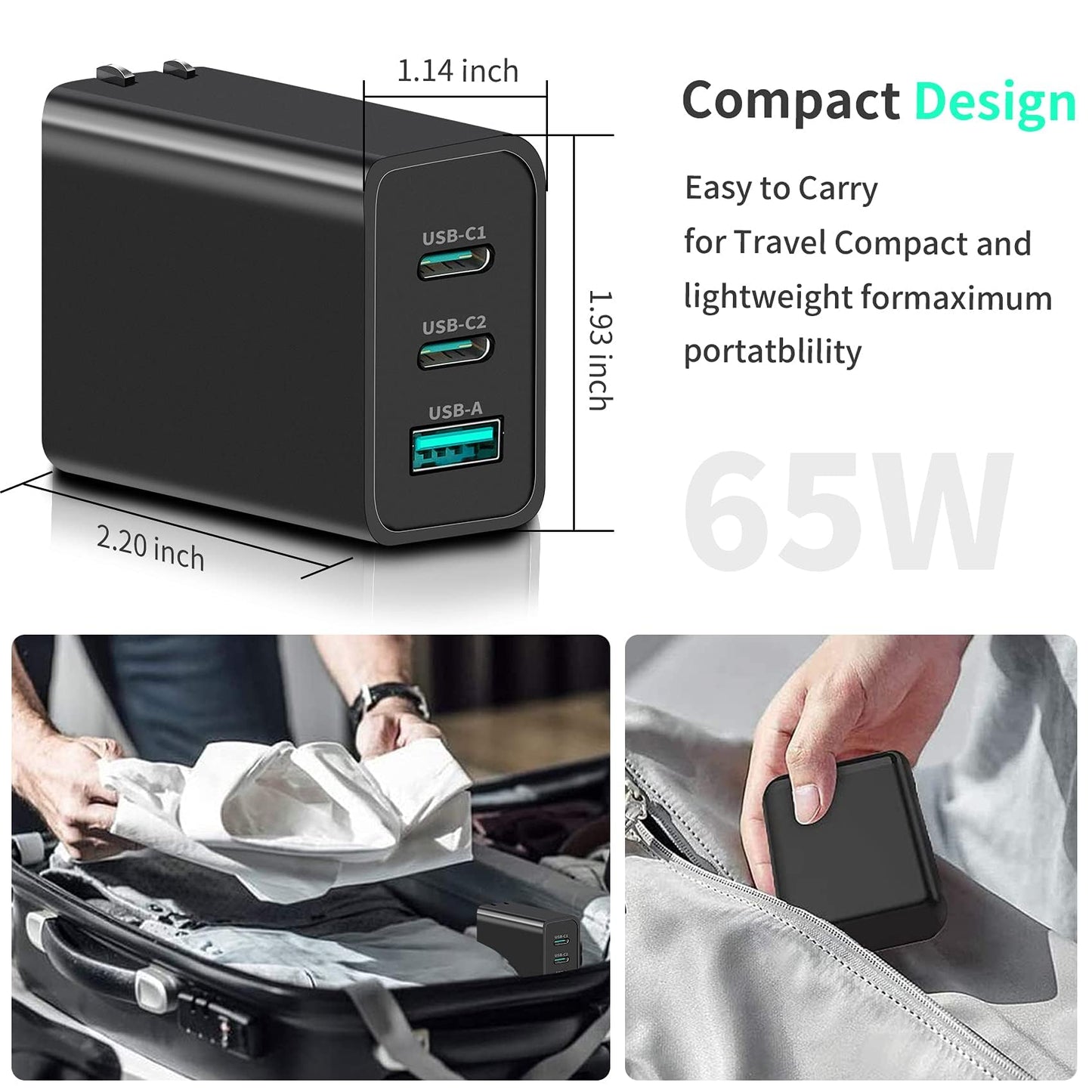 USB C Charger 65W 3 Port Foldable Type C Wall Charger, Fast PD GaN Charger for iPhone 13 Pro Max/13 Pro/13/13 Mini, MacBook Pro, iPad Pro, Switch