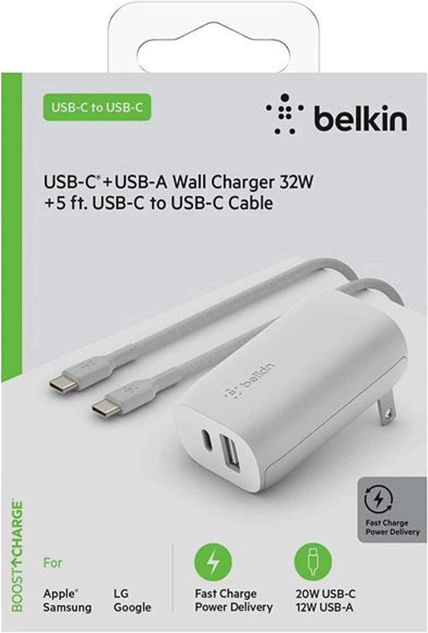 Belkin USB-C Wall Charger 32W with C to C Cable Included, PD & 20W USB-C & 12W USB-A Ports