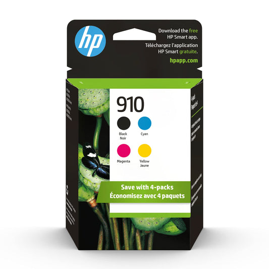 HP 910 Black, Cyan, Magenta, Yellow Ink Cartridges (4-Pack) | Works OfficeJet 8010, 8020 Series, OfficeJet Pro 8020, 8030 Series | Eligible
