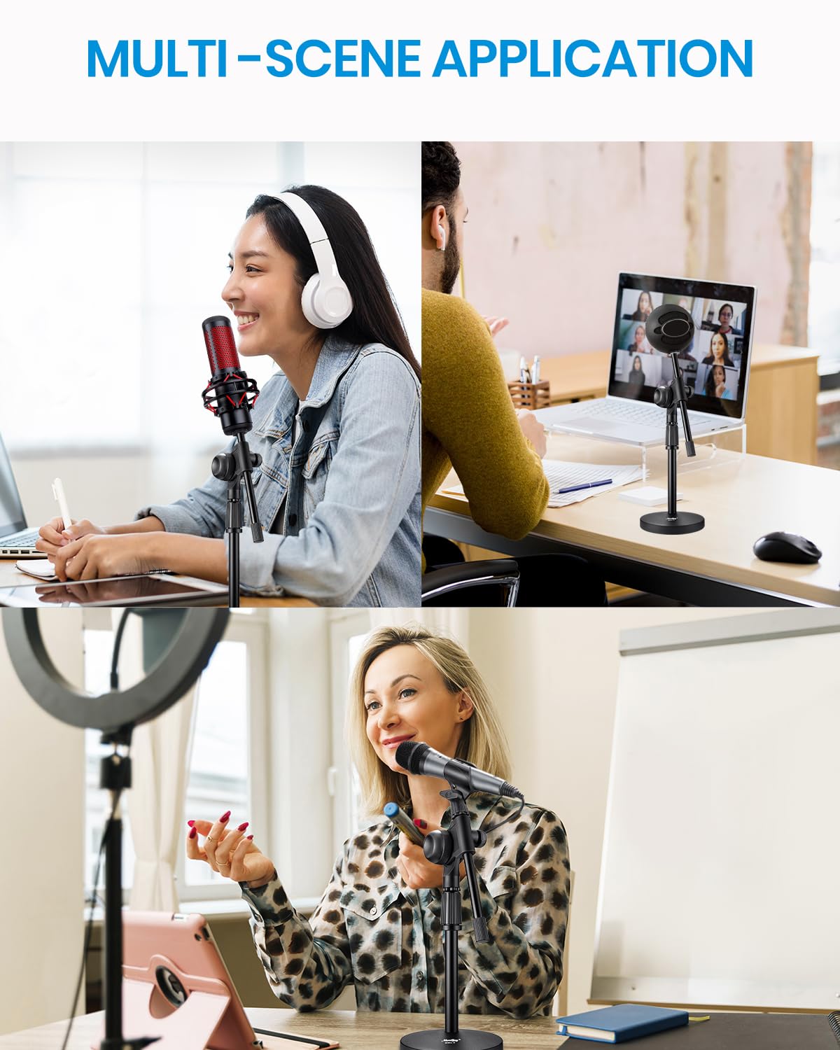 Moukey Mic Stand Desk Adjustable Tabletop Microphone Stand with Non-Slip Mic Clip, Short Table Mic Stand with Gear Fixing, Boom Arm, 3/8" and 5/8"