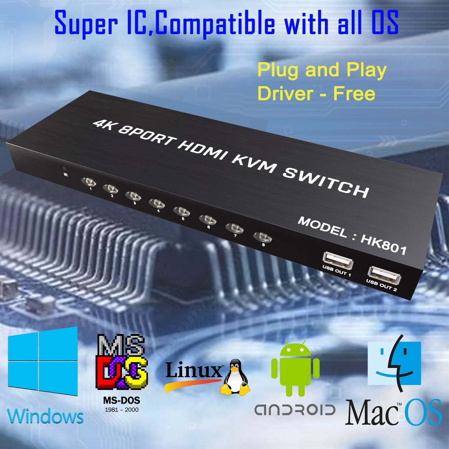 KVM Switch HDMI 8 Port - HDMI Switch with Remote- USB Switch Selector for 8 Computers Share Keyboard Mouse Printer,Flash Drive,HD Monitor, Support