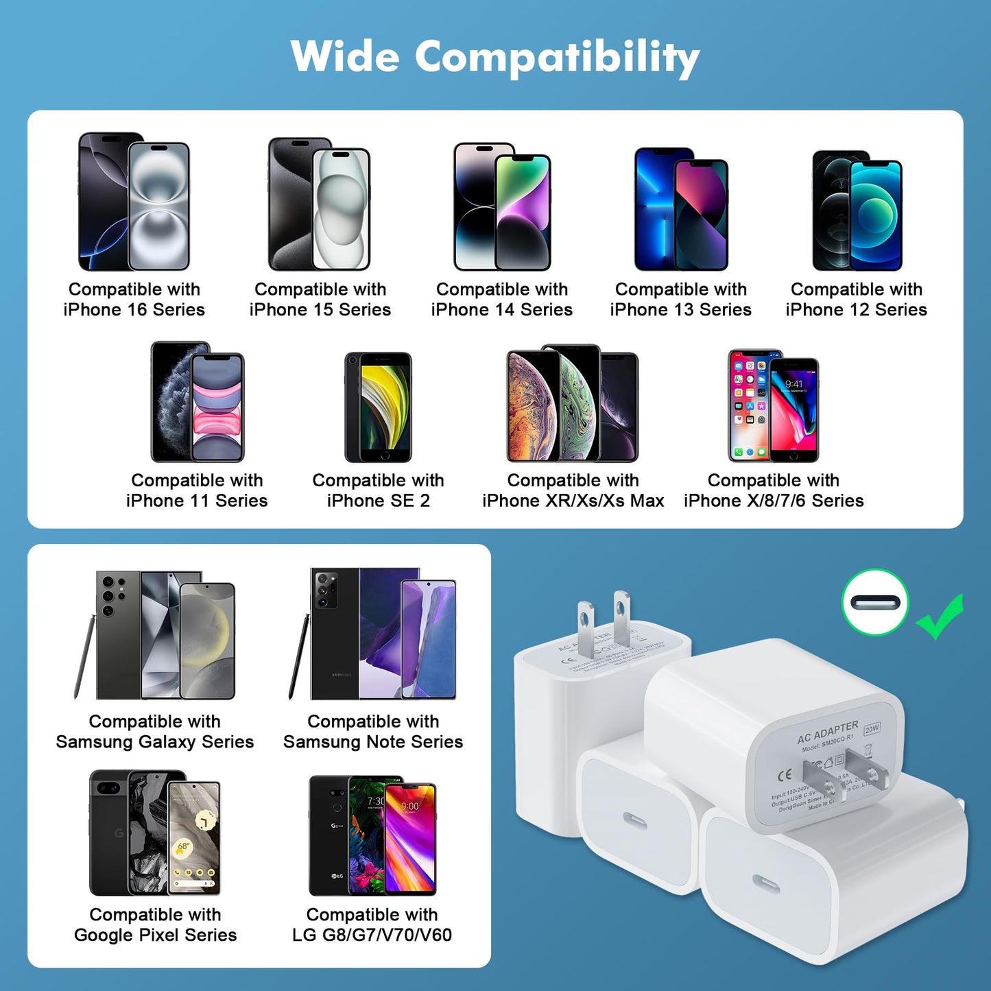 [4 Pack] USB-C Wall Charger, 20W USB-C Power Adapter Replacement for Phone 17/16/15/14/13/15 Pro/Pro Max/Plus/XS/XR/X,Galaxy, Pixel,i Pad and More