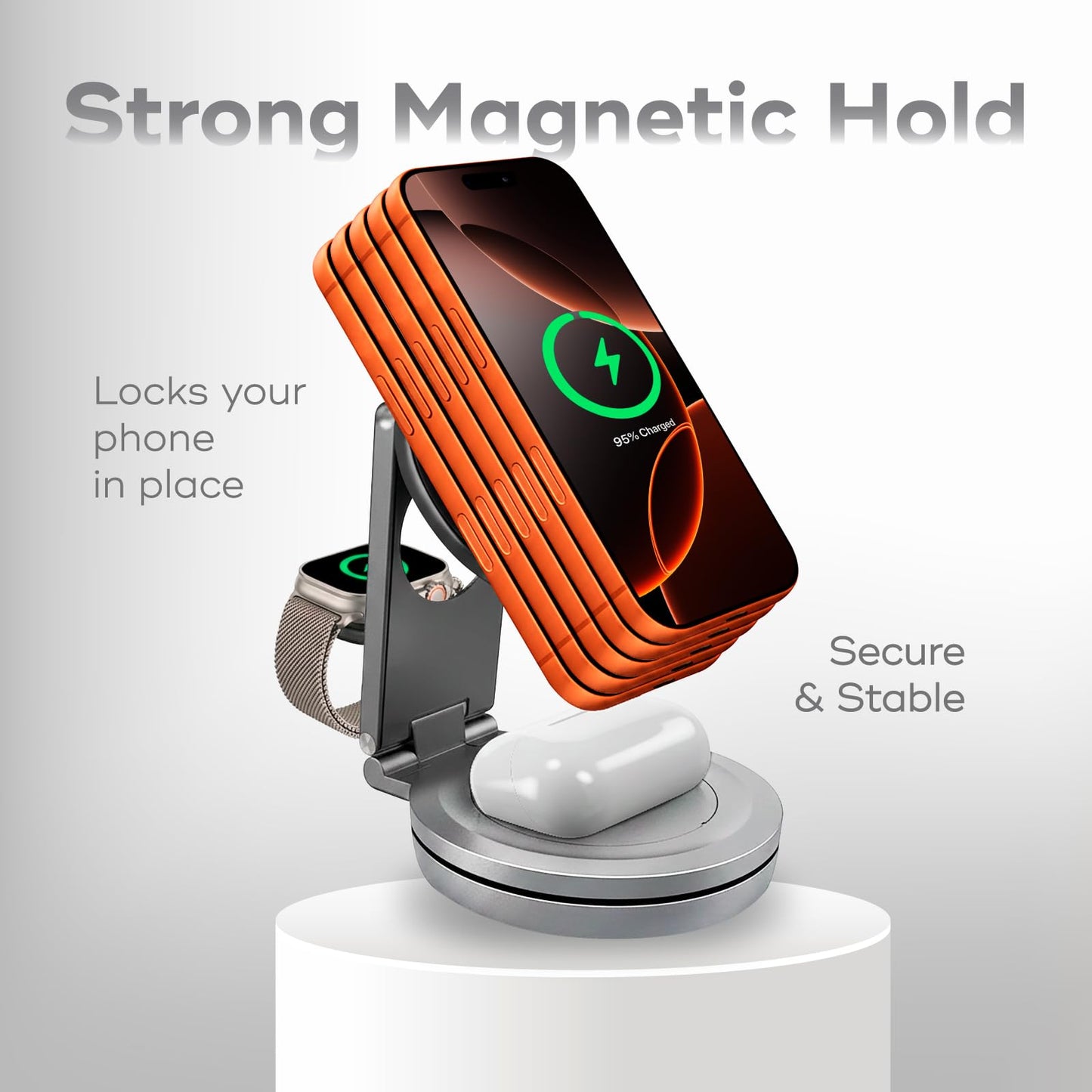 CenciTech 3 in 1 Aluminum Wireless Charging Station for iPhone 17/16/15/14 Pro Max, Apple Watch & AirPods | MagSafe Compatible Foldable Fast Travel