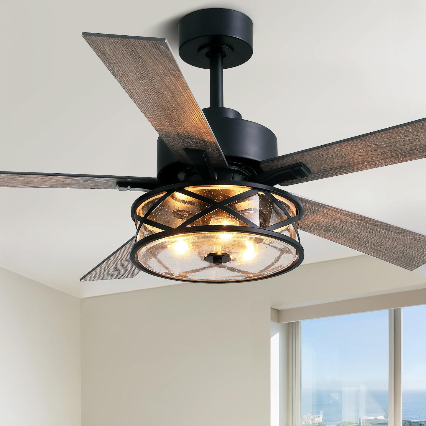 APBEAMLighting Farmhouse Ceiling Fans with Lights and Remote Control, 52 Inch Rustic Fandelier Ceiling Fan with Bubble Glass Shade 6-Speed Caged