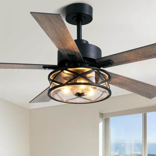 APBEAMLighting Farmhouse Ceiling Fans with Lights and Remote Control, 52 Inch Rustic Fandelier Ceiling Fan with Bubble Glass Shade 6-Speed Caged
