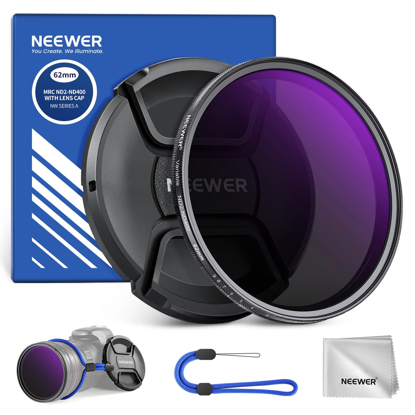 NEEWER 62mm ND2-400 (1-9 Stops) Variable ND Filter with Lens Cap, Lanyard, Cleaning Cloth, Precise Neutral Density Adjustment, Fingerprint & Scratch