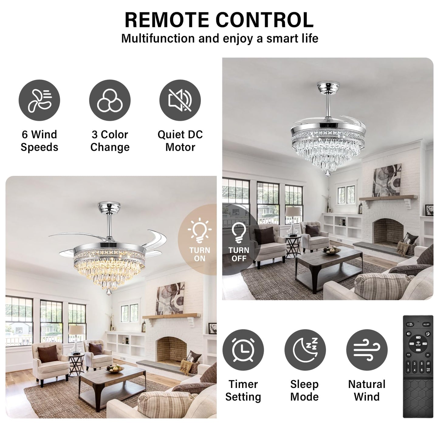 Baotree 42''Fandelier Ceiling Fan with Light and Bluetooth Speaker, Crystal Fandelier Ceiling Fan for Bedroom Living Room, Dimmable LED, Remote