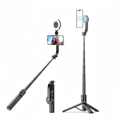 Magnetic Mini Extendable Selfie Stick Tripod Holder Stand with Fill Light Bluetooth Wireless Remote for iPhone 15 14 13 12 & Android