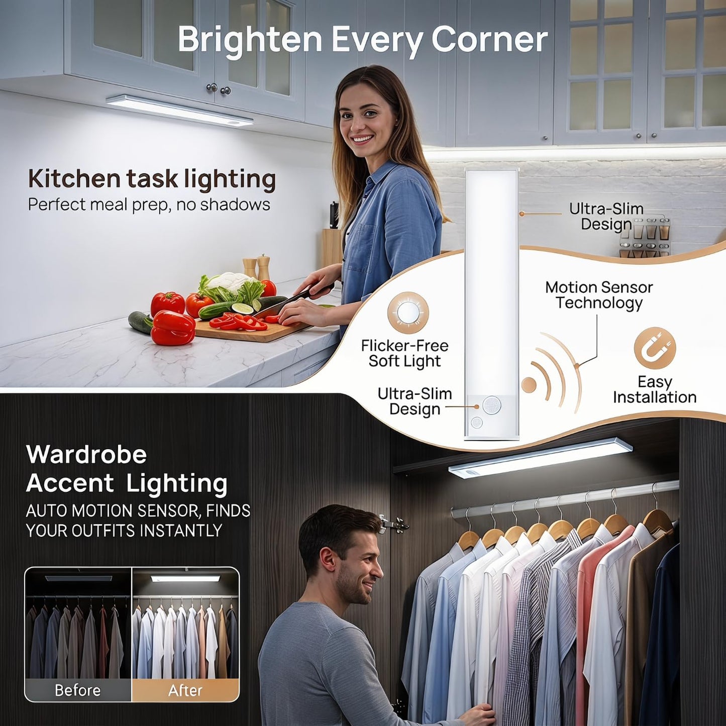 VOZUJI Under Cabinet Rechargeable Lighting: Motion Sensor Dimmable Lights Indoor - Battery Operated Lights - Wireless Activated Closet Light Magnetic