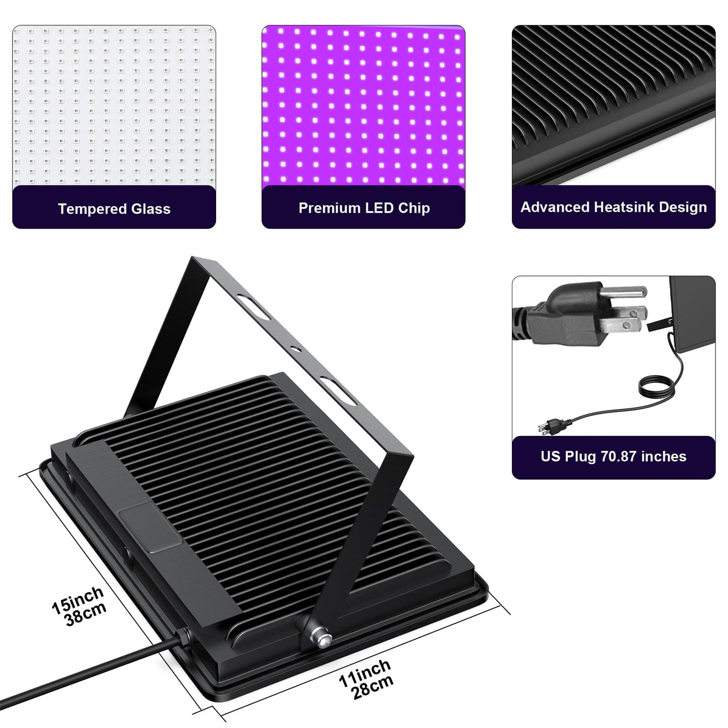 Black Lights 500W LED Black Lights Flood Light with Plug(6ft Cable) for Blacklight Party, Body Paint, Aquarium,Fluorescent Poster, Stage Lighting