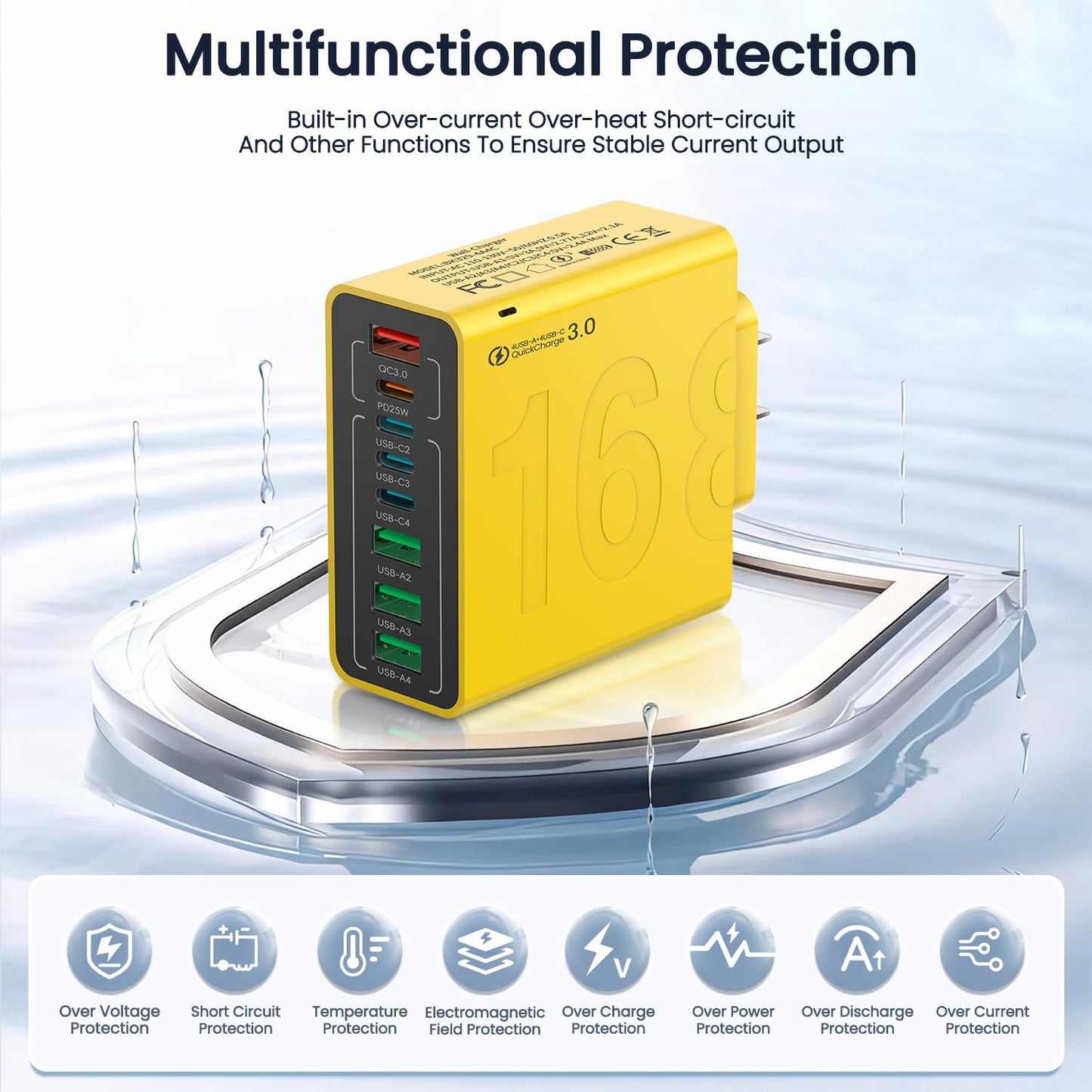 8-Port USB Type-C Fast Charger Block for iPhone & Samsung - Yellow (1 Piece)