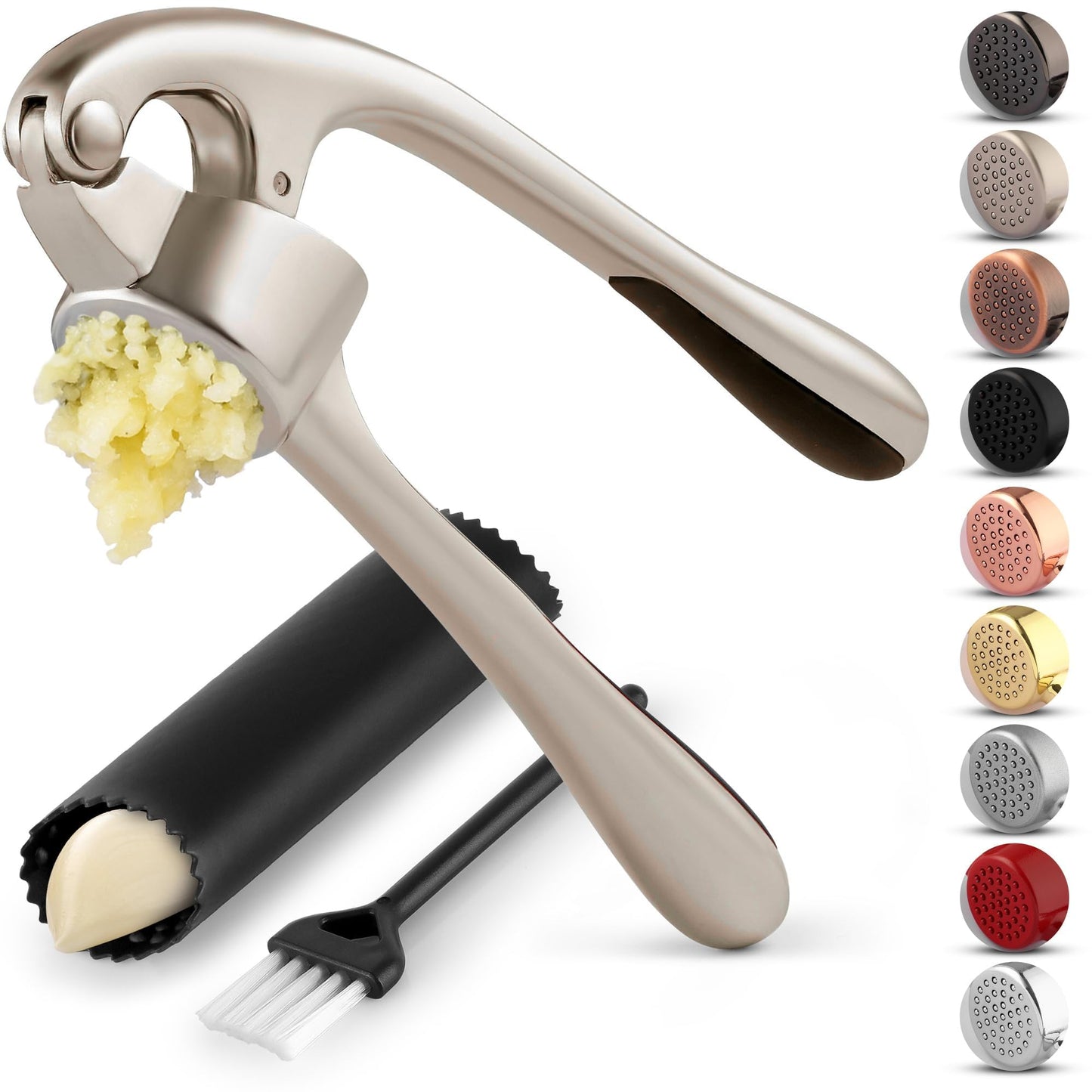 Zulay Kitchen Premium Garlic Press Set – Rustproof, Dishwasher Safe, Easy-Squeeze with Ergonomic Handle, Silicone Peeler & Brush, Silver