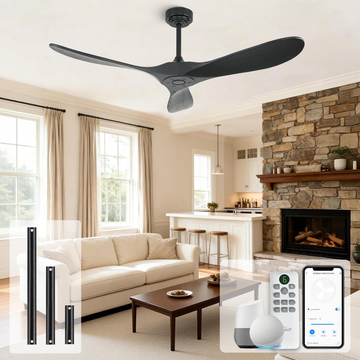 Homlit Smart Ceiling Fan no Light, 52 Inch Outdoor Ceiling Fan Without Light, Compatible with Alexa/Google/App, 3 Solid Wood Blades, Modern Wood Fan