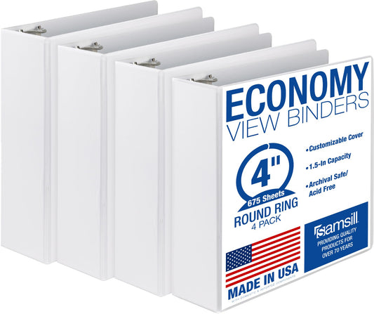 Samsill 4 Inch 3 Ring Binders, Economy Round Ring, Clear View Cover, 675 Sheet Capacity - for School, Home, Office - White, 4 Pack
