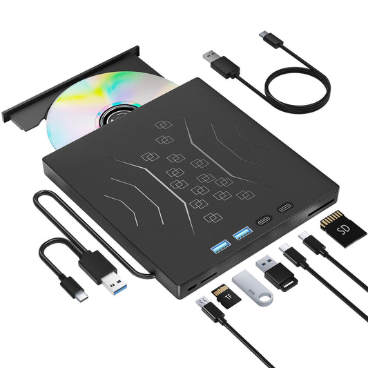 7 in 1 External DVD Drive, External CD/DVD Drive for Laptop USB 3.0 & Type-C, Portable CD/DVD +/-RW Disk Drive, CD/DVD Burner CD ROM External Drive