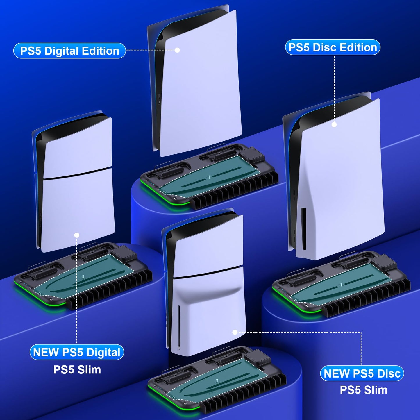 PS5 Slim Stand and Turbo Cooling Station with Controller Charging Station for Playsation 5, PS5 Accessories Kits Incl. 3 Levels Cooling Fan, 15 Game