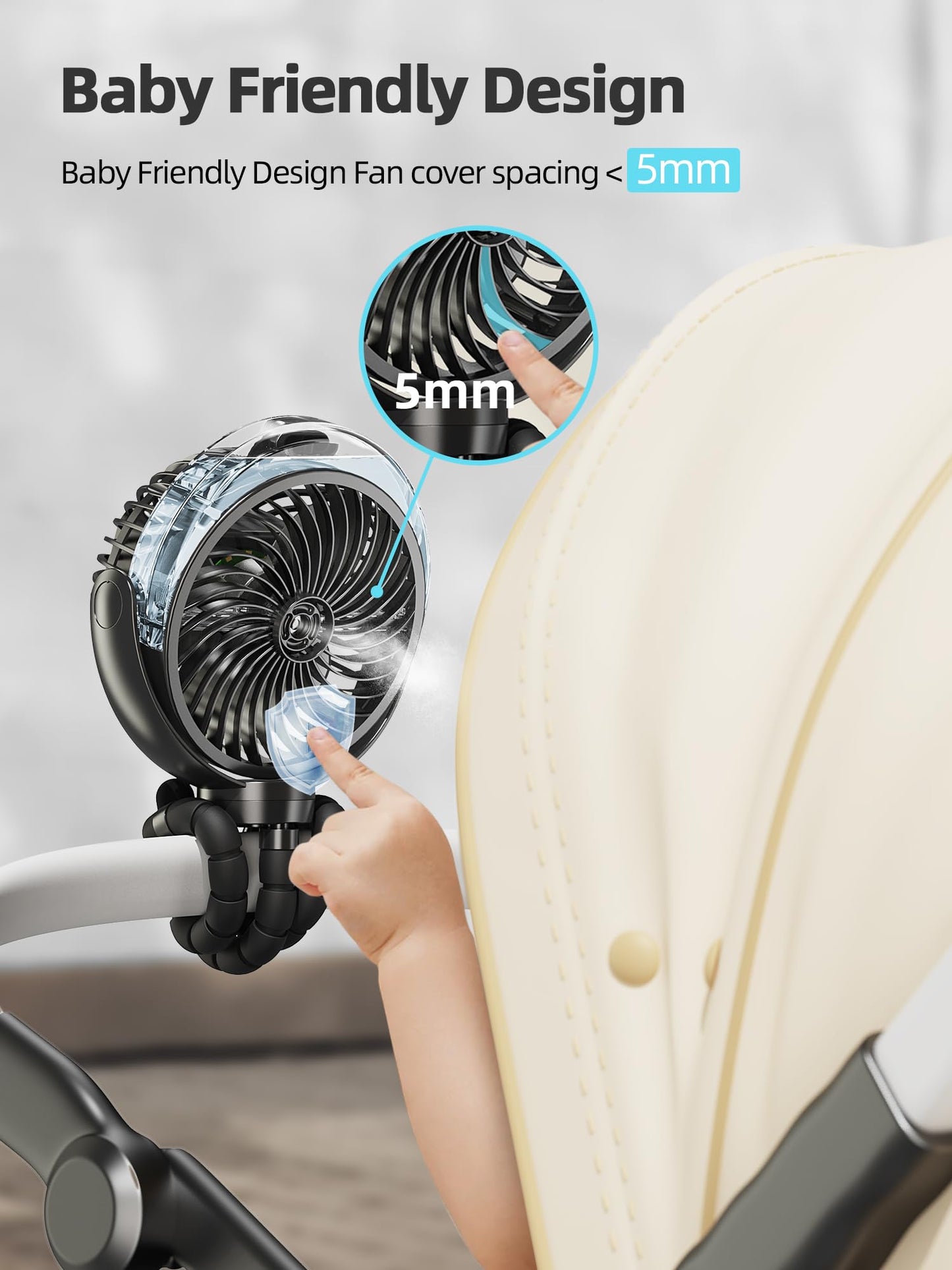 Wavmill Misting Stroller Fan, 6000mAh Battery Operated Portable Fan with Light & 360° Pivoting, Personal Fans with Flexible Tripod for Baby, Office