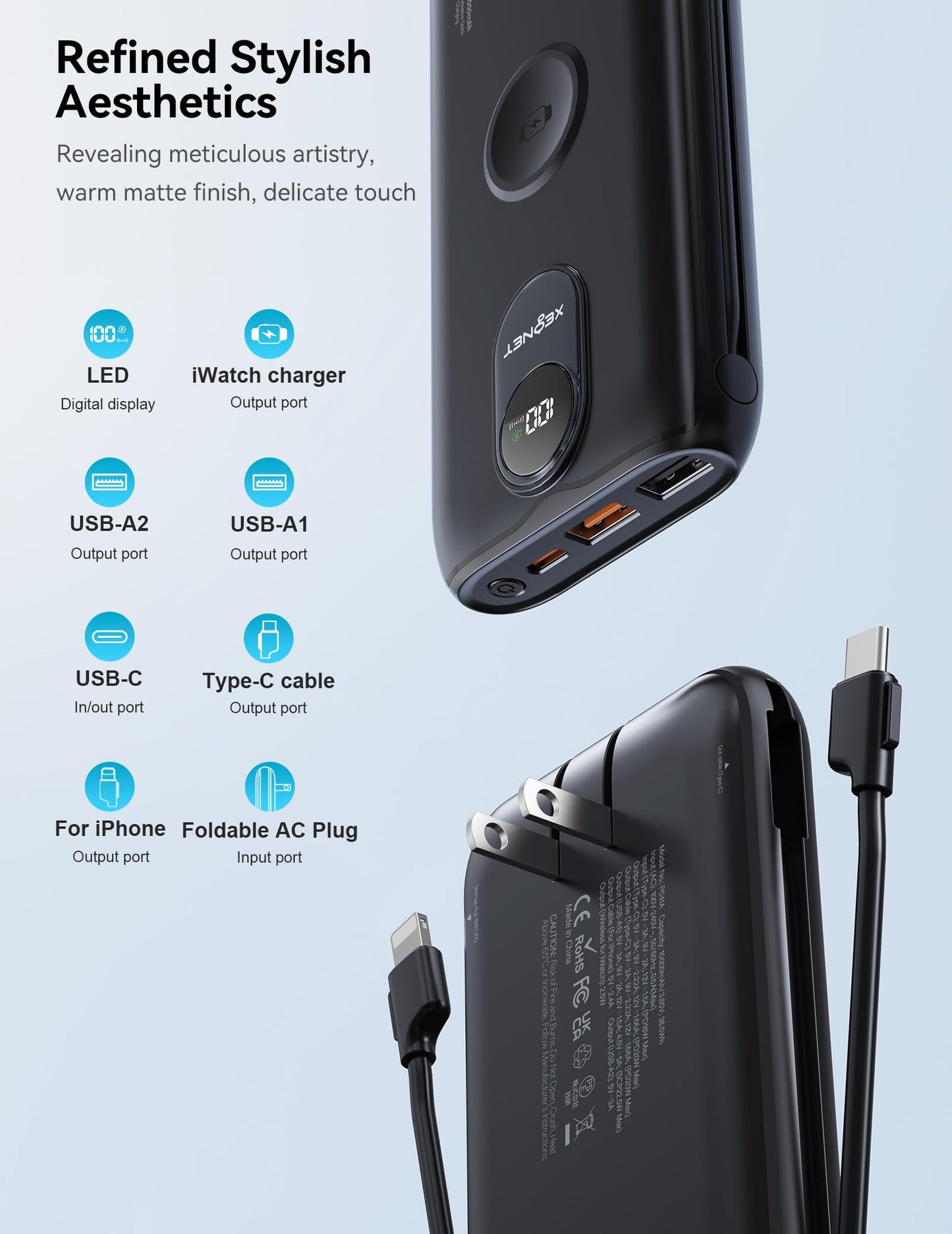 Portable Charger, 10000mAh 22.5W Power Bank Fast Charging with Wall Plug, Built-in Cables, LED Display, Compact Lightweight USB C Travel Battery Pack
