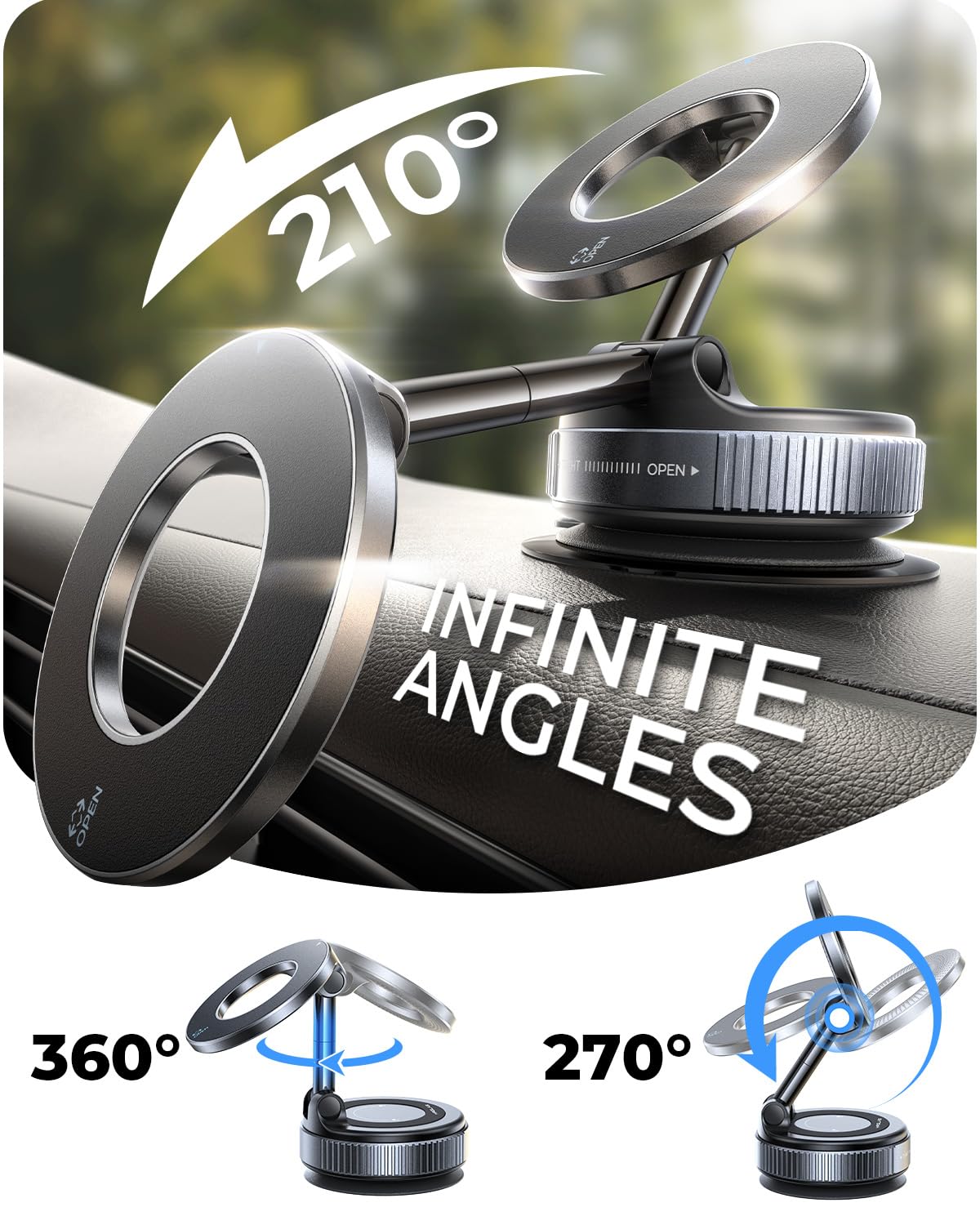 MRGLAS 2026 Upgraded for MagSafe Vacuum Car Phone Mount, 2800gf Strong Magnetic Phone Holders for Your Car, 360° Adjustable 98LBS Suction Cup Car