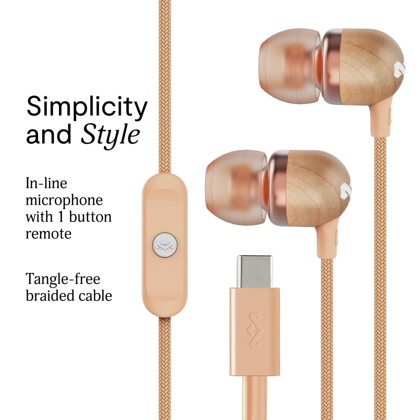 House of Marley Smile Jamaica USB-C Wired Earbuds with Microphone, in-Ear Headphones, 9.2mm Driver, Tangle-Resistant Cable, Plug-and-Play Earphones